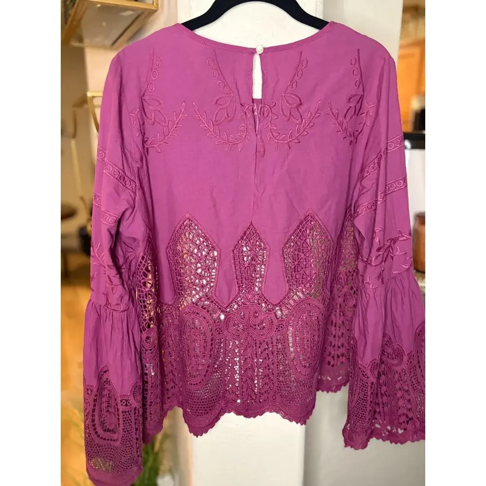 Anthropologie Chloe Oliver Lace Embroidered Blouse, Size L 8-12